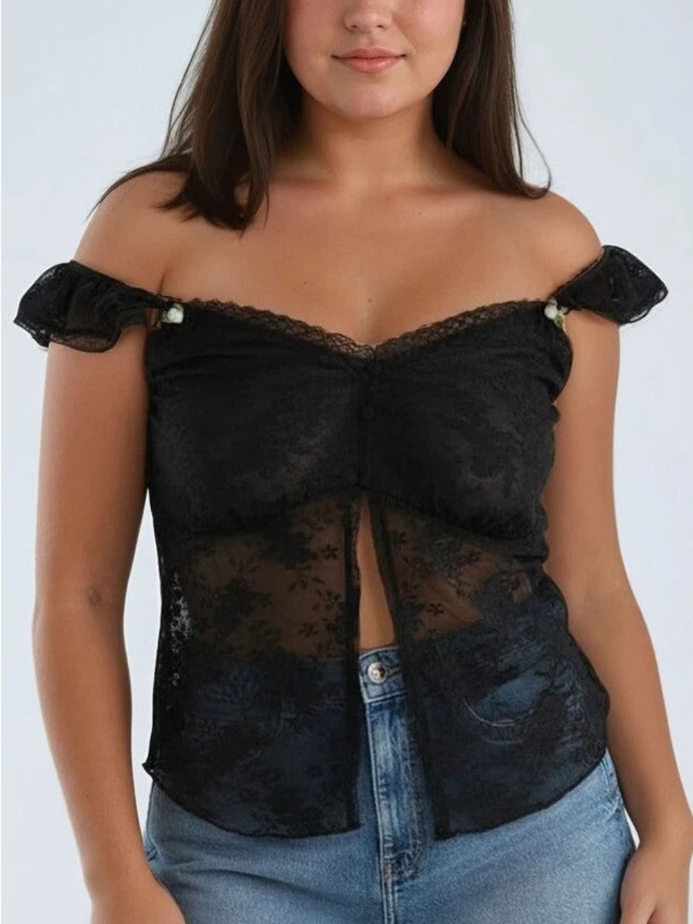 Forever 21 Large Black Lace Button Front Women's Top